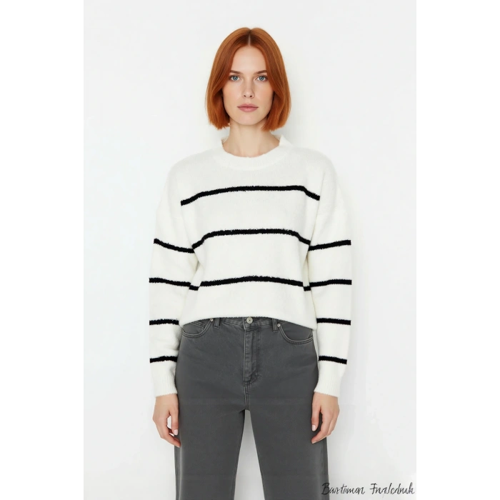 Kadın Oversize Çizgili Bisiklet Yaka Düşük Kol Triko Kazak Kışlık Günlük Şık Kombinler İçin Harika