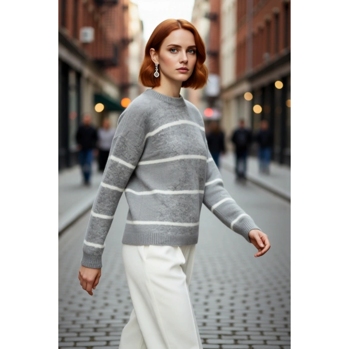 Kadın Oversize Çizgili Bisiklet Yaka Düşük Kol Triko Kazak Kışlık Günlük Şık Kombinler İçin Harika