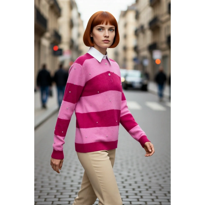 Kadın Oversize Çizgili Polo Yaka Düşük Kol Taş İşlemeli Triko Kazak Kış Sezonu Şıklığına Özel Geniş