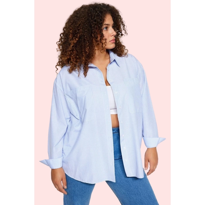Kadın Oversize Çizgili Poplin Gömlek Rahat Günlük Kombinler Hafta Sonu Yaz Aylarının Vazgeçilmezi