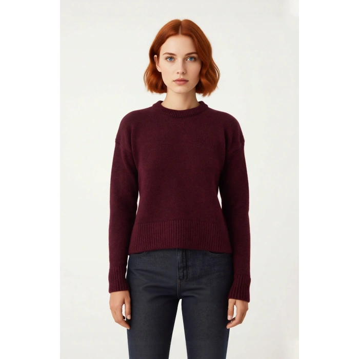 Kadın Oversize Crop Düşük Kol Bisiklet Yaka Düz Triko Kazak Kışlık Günlük Şıklık İçin Konforlu Bir