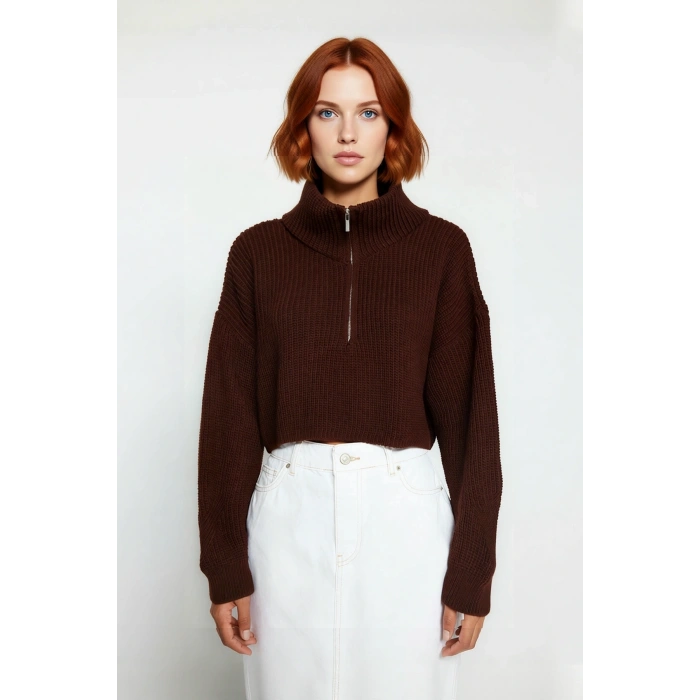 Kadın Oversize Crop Fermuarlı Dik Yaka Selanik Dokuma Akrilik Triko Kazak Kış Günlük Kombinler İçin