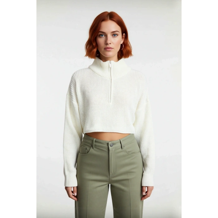 Kadın Oversize Crop Fermuarlı Dik Yaka Selanik Dokuma Akrilik Triko Kazak Kış Günlük Kombinler İçin