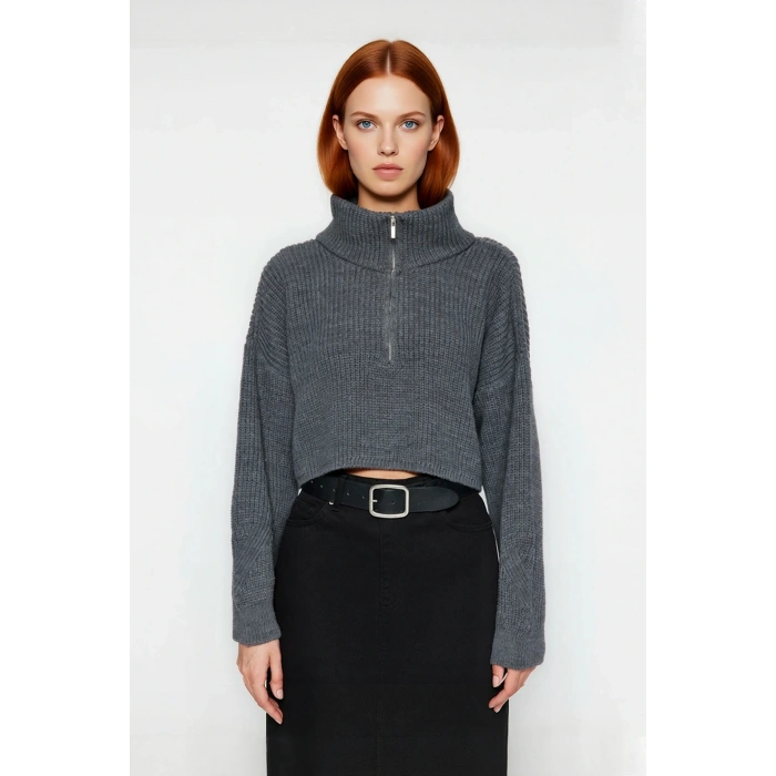 Kadın Oversize Crop Fermuarlı Dik Yaka Selanik Dokuma Akrilik Triko Kazak Kış Günlük Kombinler İçin