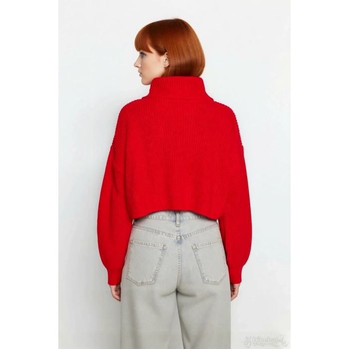 Kadın Oversize Crop Fermuarlı Dik Yaka Selanik Dokuma Akrilik Triko Kazak Kış Günlük Kombinler İçin