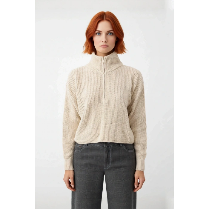 Kadın Oversize Crop Fermuarlı Dik Yaka Selanik Dokuma Akrilik Triko Kazak Kış Günlük Kombinler İçin