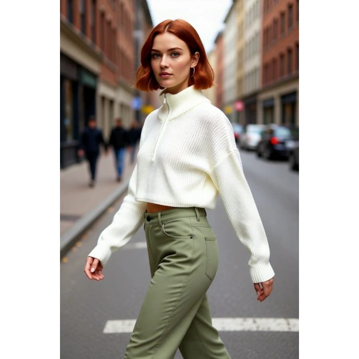 Kadın Oversize Crop Fermuarlı Dik Yaka Selanik Dokuma Akrilik Triko Kazak Kış Günlük Kombinler İçin