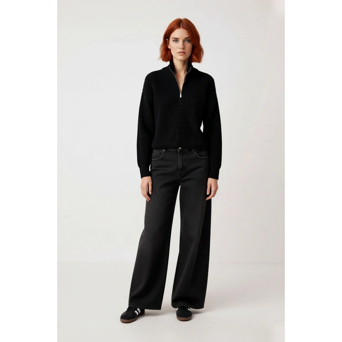 Kadın Oversize Crop Fermuarlı Dik Yaka Selanik Dokuma Akrilik Triko Kazak Kış Günlük Kombinler İçin