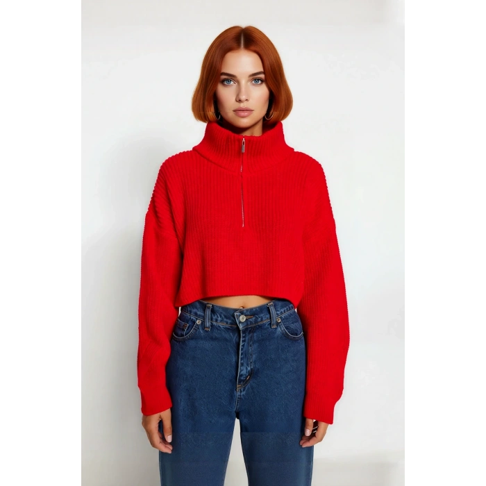 Kadın Oversize Crop Fermuarlı Dik Yaka Selanik Dokuma Akrilik Triko Kazak Kış Günlük Kombinler İçin