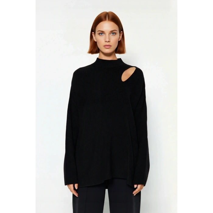 Kadın Oversize Cut Out Detaylı Siyah Triko Kazak Akrilik Fitilli Uzun Kollu Kışlık Kombinlerinize