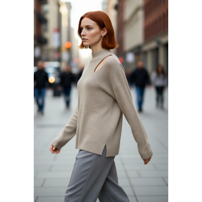 Kadın Oversize Cut Out Detaylı Siyah Triko Kazak Akrilik Fitilli Uzun Kollu Kışlık Kombinlerinize