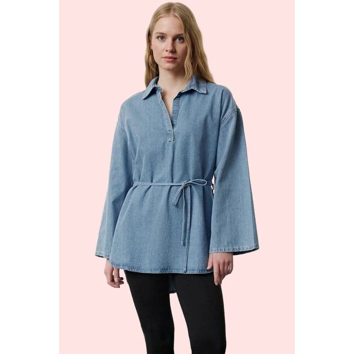 Kadın Oversize Denim Gömlek İspanyol Kol Regular Kalıp Pamuklu Günlük Stil Kaliteli Malzeme