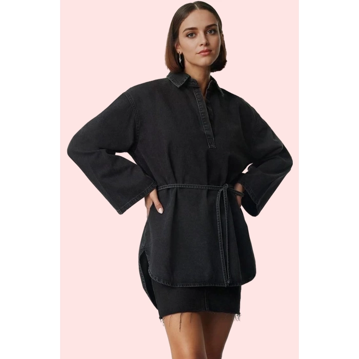 Kadın Oversize Denim Gömlek İspanyol Kol Regular Kalıp Pamuklu Günlük Stil Kaliteli Malzeme