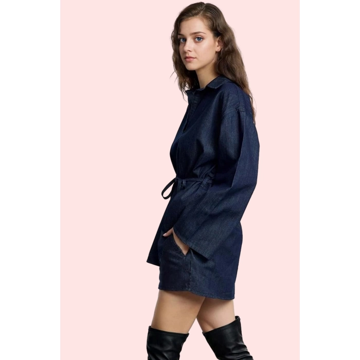 Kadın Oversize Denim Gömlek İspanyol Kol Regular Kalıp Pamuklu Günlük Stil Kaliteli Malzeme