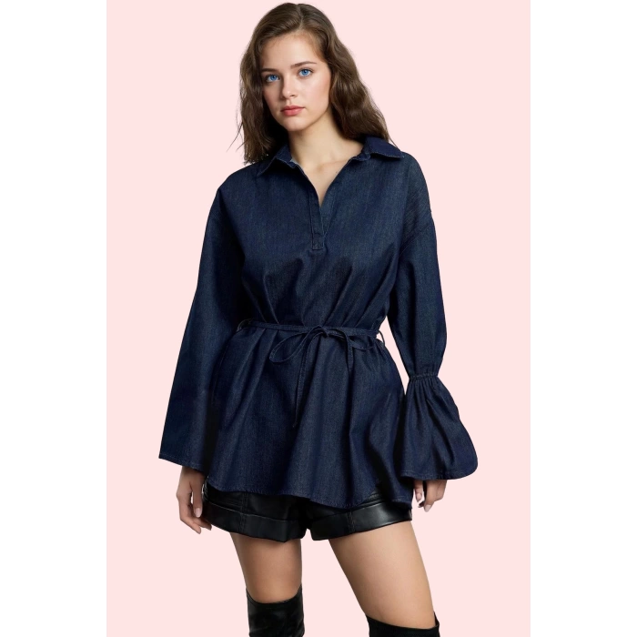 Kadın Oversize Denim Gömlek İspanyol Kol Regular Kalıp Pamuklu Günlük Stil Kaliteli Malzeme