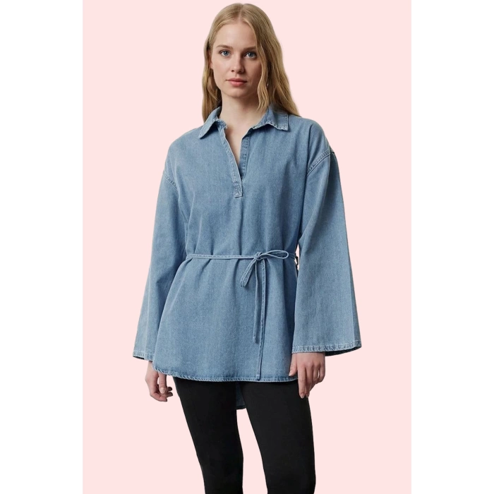 Kadın Oversize Denim Gömlek İspanyol Kol Regular Kalıp Pamuklu Günlük Stil Kaliteli Malzeme