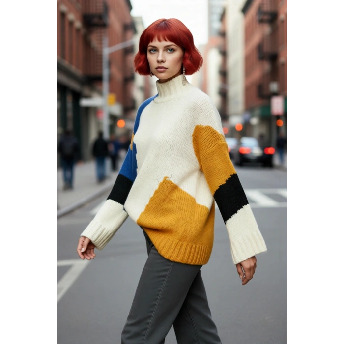 Kadın Oversize Dik Yaka Bej Renk Bloklu Düşük Kol Uzun Triko Kazak Kış Günleri İçin İdeal Seçim