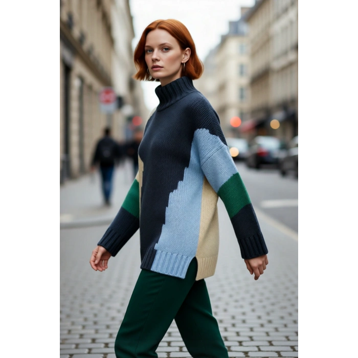 Kadın Oversize Dik Yaka Bej Renk Bloklu Düşük Kol Uzun Triko Kazak Kış Günleri İçin İdeal Seçim