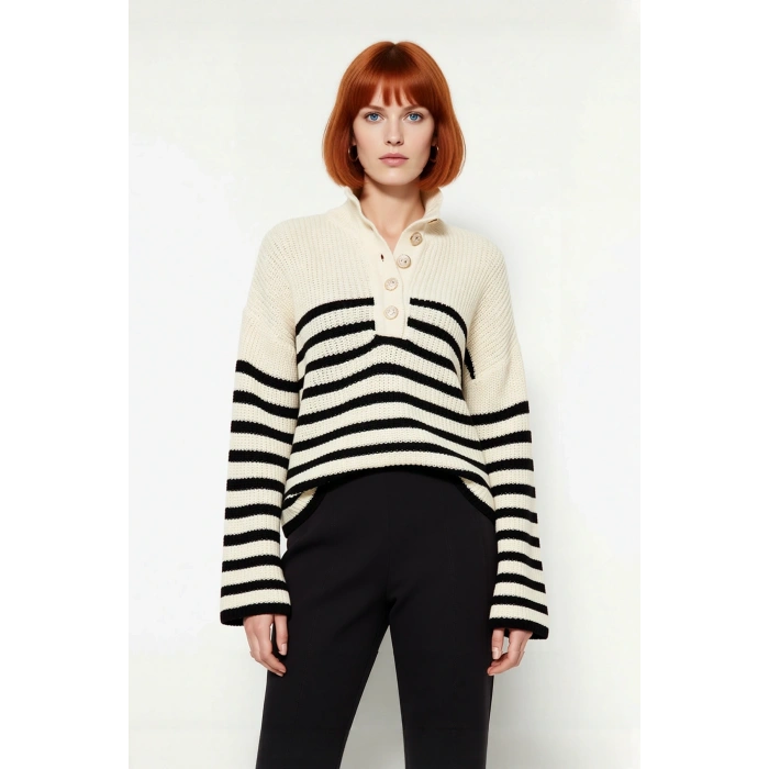 Kadın Oversize Dik Yaka Çizgili Triko Kazak Düşük Kollu Crop Kesim Günlük Şık Kış Stili Kaliteli