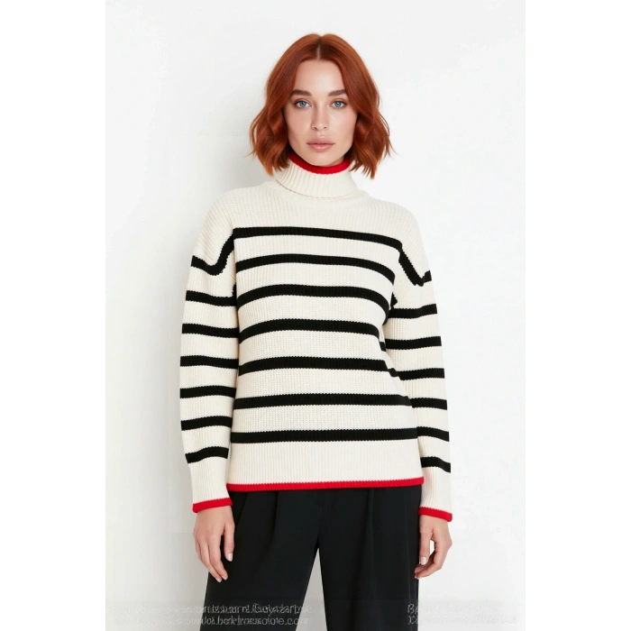 Kadın Oversize Dik Yaka Çizgili Triko Kazak Uzun Kollu Kışlık Rahat Basic Giyim Kaliteli Şık