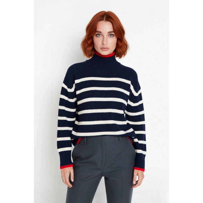 Kadın Oversize Dik Yaka Çizgili Triko Kazak Uzun Kollu Kışlık Rahat Basic Giyim Kaliteli Şık