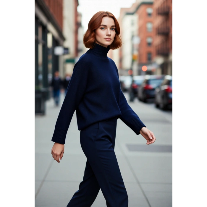 Kadın Oversize Dik Yaka Düz Triko Kazak Uzun Boylu ve Düşük Kollu Kışlık Rahat Günlük Giyim