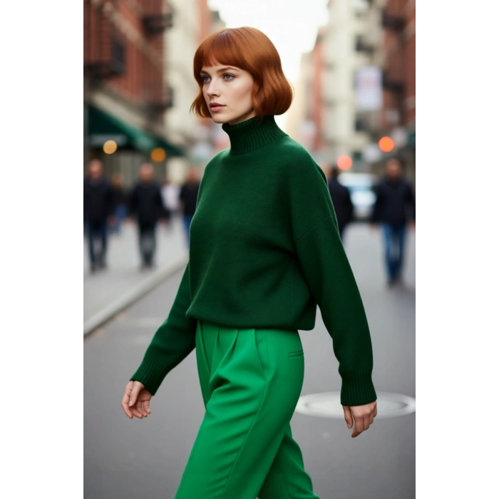 Kadın Oversize Dik Yaka Düz Triko Kazak Uzun Boylu ve Düşük Kollu Kışlık Rahat Günlük Giyim