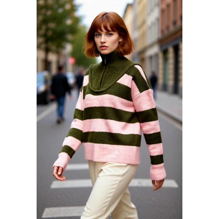 Kadın Oversize Dik Yaka Fermuarlı Çizgili Kalın Triko Kazak Kış Günleri İçin Konforlu Stil