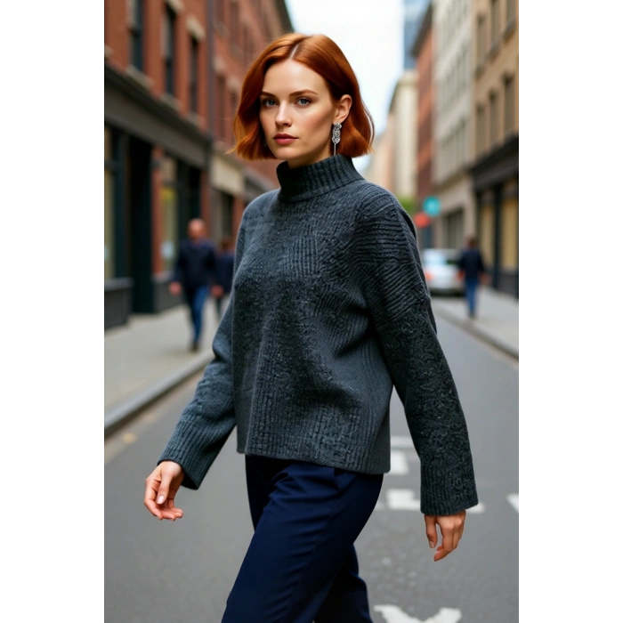 Kadın Oversize Dik Yaka Gri Akrilik Uzun Kollu Basic Triko Kazak Kışlık Kombinlerin Anahtarıdır