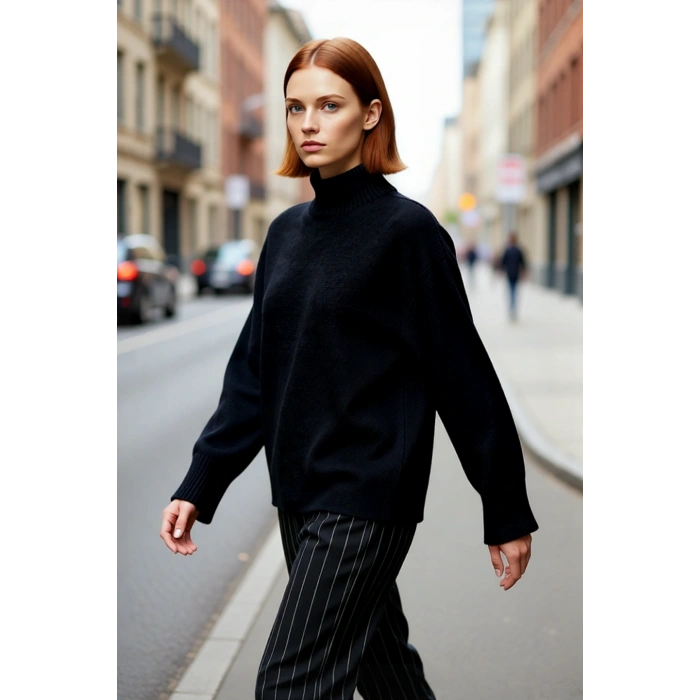 Kadın Oversize Dik Yaka Kışlık Triko Kazak Düz Düşük Kol Modern ve Şık Günlük Kombinler İçin