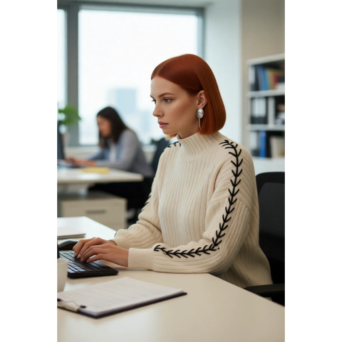 Kadın Oversize Dik Yaka Nakış Detaylı Triko Kazak Soğuk Havalar İçin Rahat Ve Şık Seçim Kaliteli