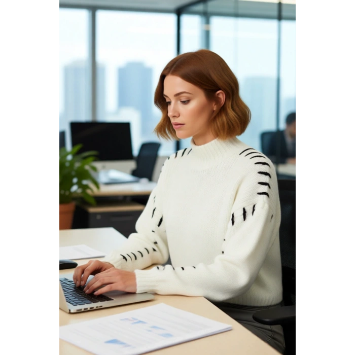 Kadın Oversize Dik Yaka Renk Bloklu Düşük Kol Crop Triko Kazak Kış Kombinleri İçin Mükemmeldir