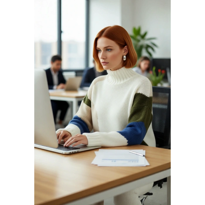 Kadın Oversize Dik Yaka Renk Bloklu Düşük Kol Selanik Dokuma Uzun Triko Kazak Kışlık Kombinlerin