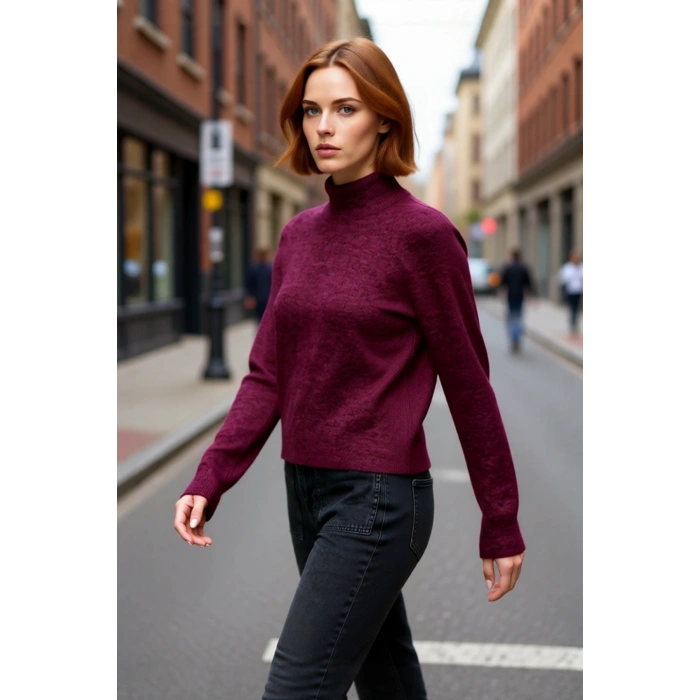 Kadın Oversize Dik Yaka Triko Kazak Reglan Kol Kışlık Günlük Şıklık Sunan Bordo Basic Tasarım