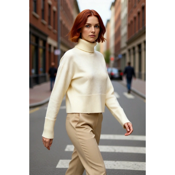 Kadın Oversize Dik Yaka Triko Kazak Standart Kollu Düz Desen Yumuşak Dokulu Crop Kışlık Rahatlık