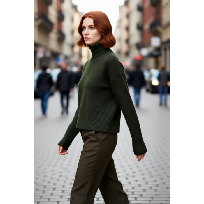 Kadın Oversize Dik Yaka Triko Kazak Standart Kollu Düz Desen Yumuşak Dokulu Crop Kışlık Rahatlık