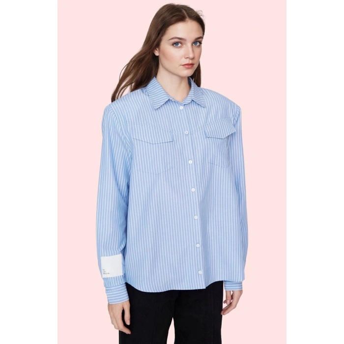 Kadın Oversize Dokuma Pamuklu Polyester Çizgili Gömlek Rahat Günlük Stil Dayanıklı Malzeme