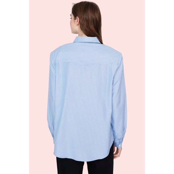 Kadın Oversize Dokuma Pamuklu Polyester Çizgili Gömlek Rahat Günlük Stil Dayanıklı Malzeme