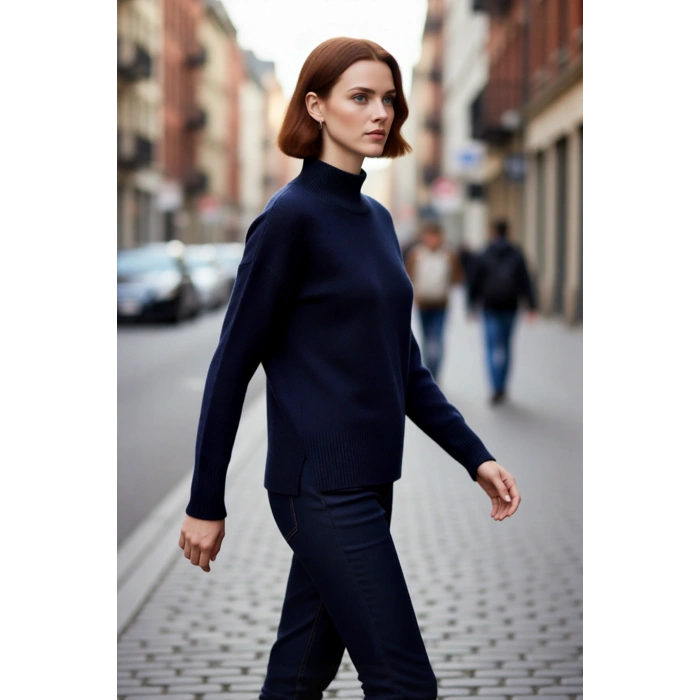 Kadın Oversize Düşük Kol Dik Yaka Düz Triko Kazak Kış ve Sonbahar Şıklığı İçin İdealdir Kaliteli