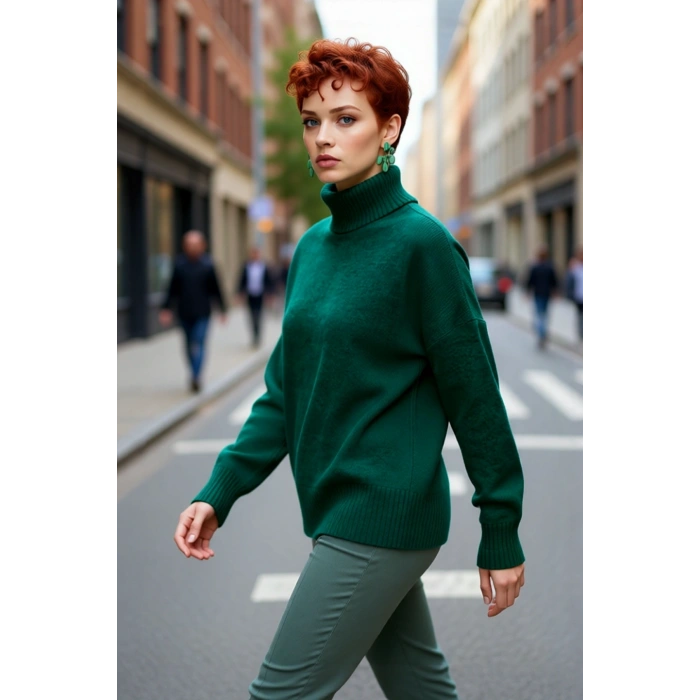 Kadın Oversize Düşük Kol Dik Yaka Uzun Triko Kazak Basic Modern Rahat Kış Günlük Şıklığı Sunar