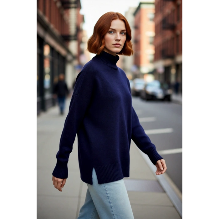 Kadın Oversize Düşük Kol Dik Yaka Uzun Triko Kazak Basic Modern Rahat Kış Günlük Şıklığı Sunar