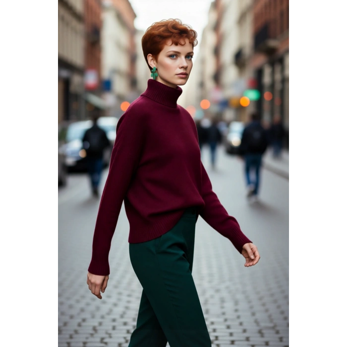 Kadın Oversize Düşük Kol Dik Yaka Uzun Triko Kazak Basic Modern Rahat Kış Günlük Şıklığı Sunar