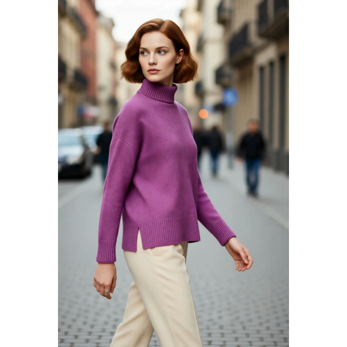 Kadın Oversize Düşük Kol Dik Yaka Uzun Triko Kazak Basic Modern Rahat Kış Günlük Şıklığı Sunar