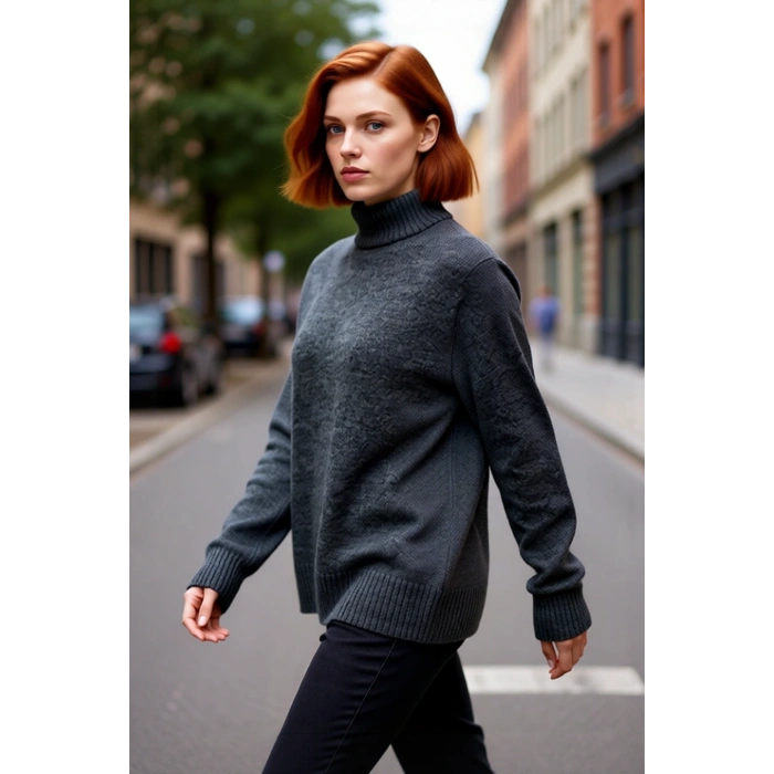 Kadın Oversize Düşük Kol Dik Yaka Uzun Triko Kazak Basic Modern Rahat Kış Günlük Şıklığı Sunar