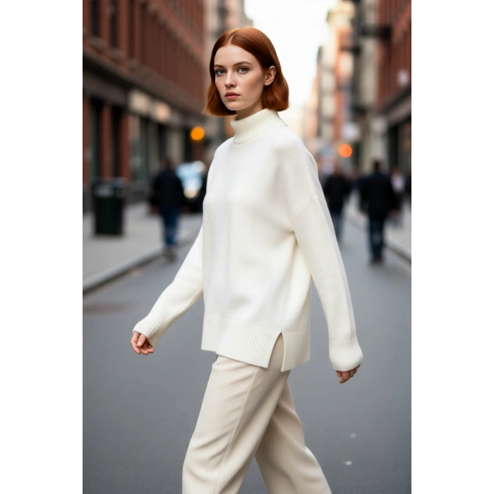 Kadın Oversize Düşük Kol Dik Yaka Uzun Triko Kazak Basic Modern Rahat Kış Günlük Şıklığı Sunar