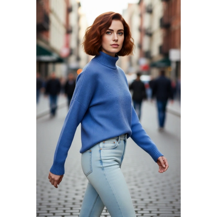 Kadın Oversize Düşük Kol Dik Yaka Uzun Triko Kazak Basic Modern Rahat Kış Günlük Şıklığı Sunar