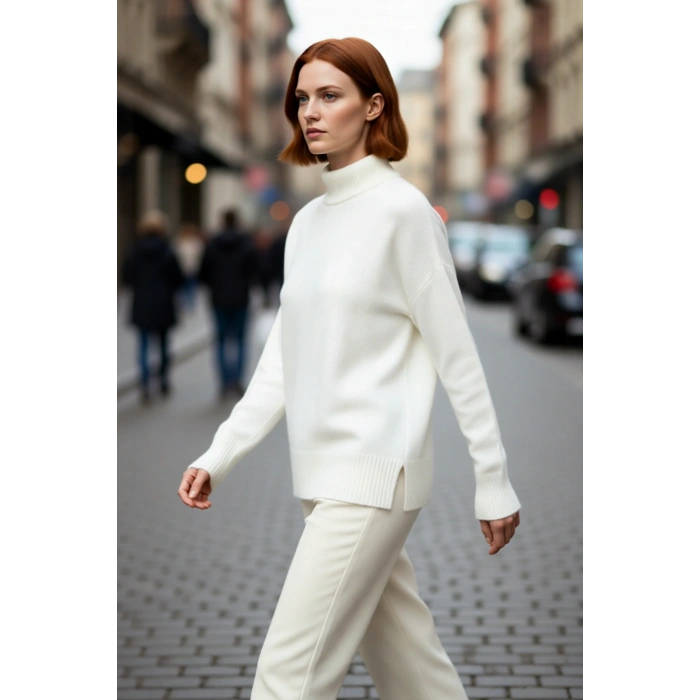 Kadın Oversize Düşük Kol Dik Yaka Uzun Triko Kazak Basic Modern Rahat Kış Günlük Şıklığı Sunar