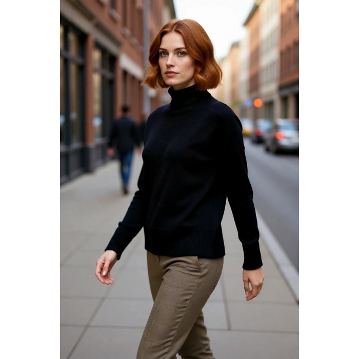 Kadın Oversize Düşük Kol Dik Yaka Uzun Triko Kazak Basic Modern Rahat Kış Günlük Şıklığı Sunar