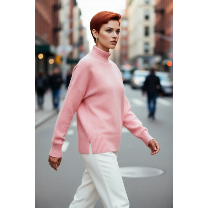 Kadın Oversize Düşük Kol Dik Yaka Uzun Triko Kazak Basic Modern Rahat Kış Günlük Şıklığı Sunar