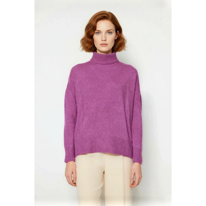 Kadın Oversize Düşük Kol Dik Yaka Uzun Triko Kazak Basic Modern Rahat Kış Günlük Şıklığı Sunar